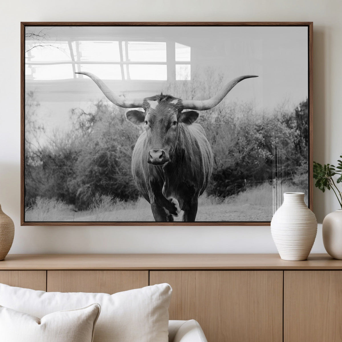 Longhorn Photography Wall Art Canvas Print, Framed Western Cow Texas Ranch Decor