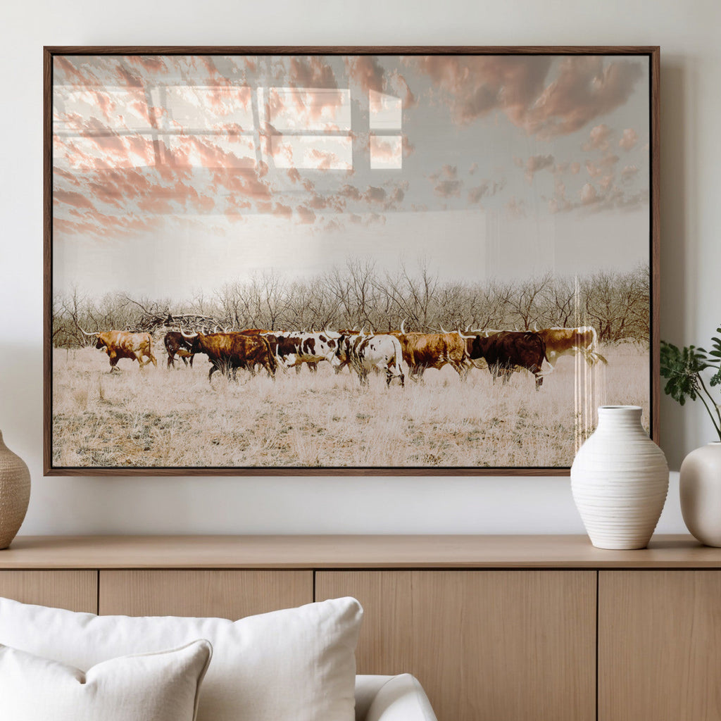 Country Cow Herd Wall Art Canvas Print, Framed Farmhouse Cattle Scene, Rustic Ranch Decor