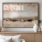 Country Cow Herd Wall Art Canvas Print, Framed Farmhouse Cattle Scene, Rustic Ranch Decor
