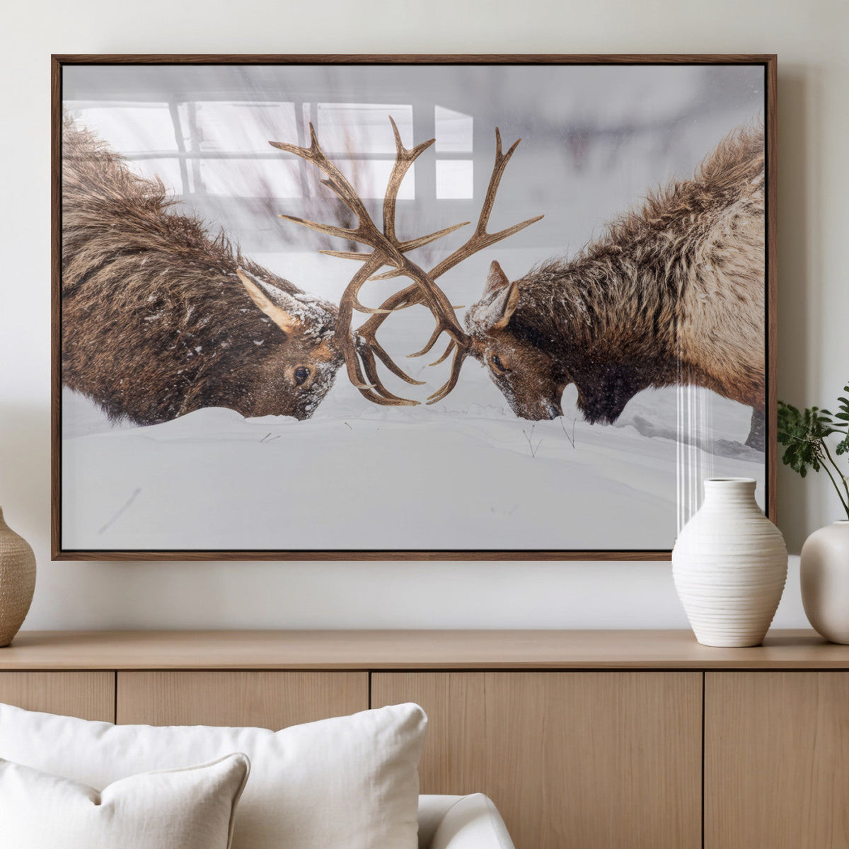 Elk Wall Art Canvas Print, Framed Wildlife Art, Snowy Forest Elk Rustic Lodge Decor
