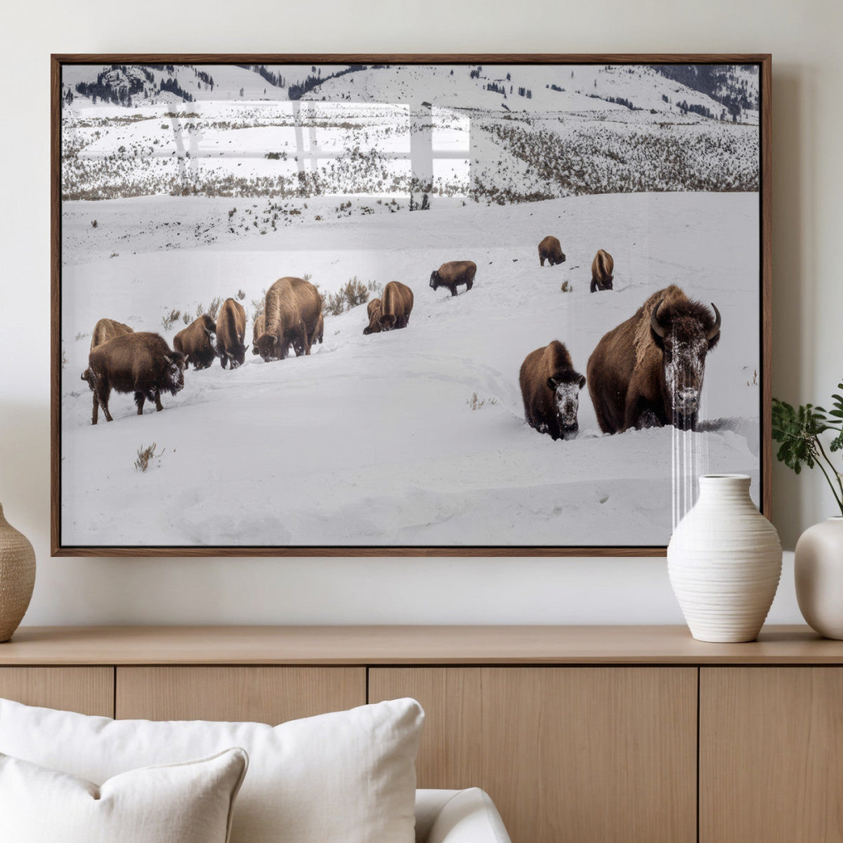 Bison Herd Wall Art Canvas Print, Framed Western Wildlife Decor, Snowy Mountain Valley