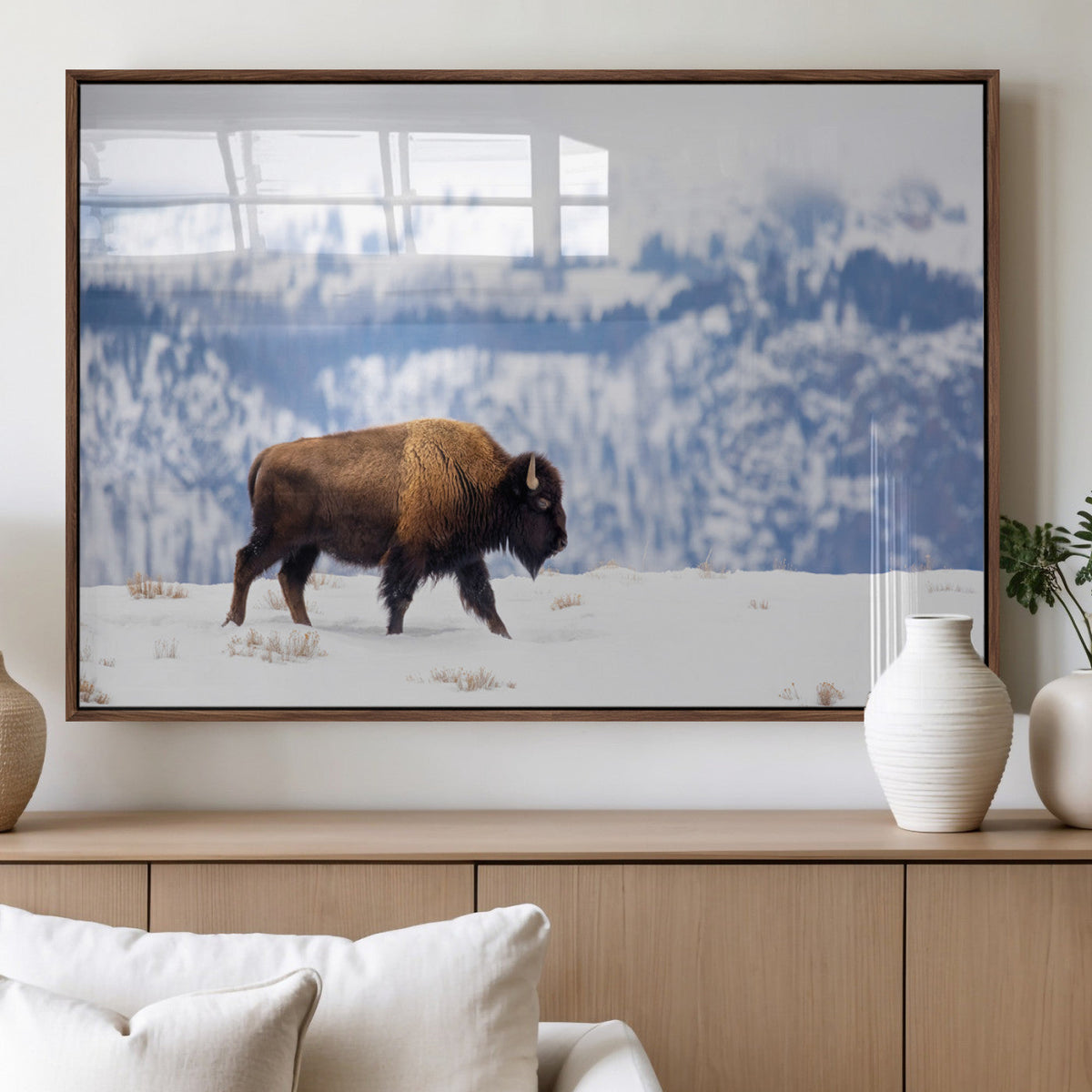 Bison Snow Wall Art Canvas Print, Framed Wildlife Scene, Western Ranch Style Decor