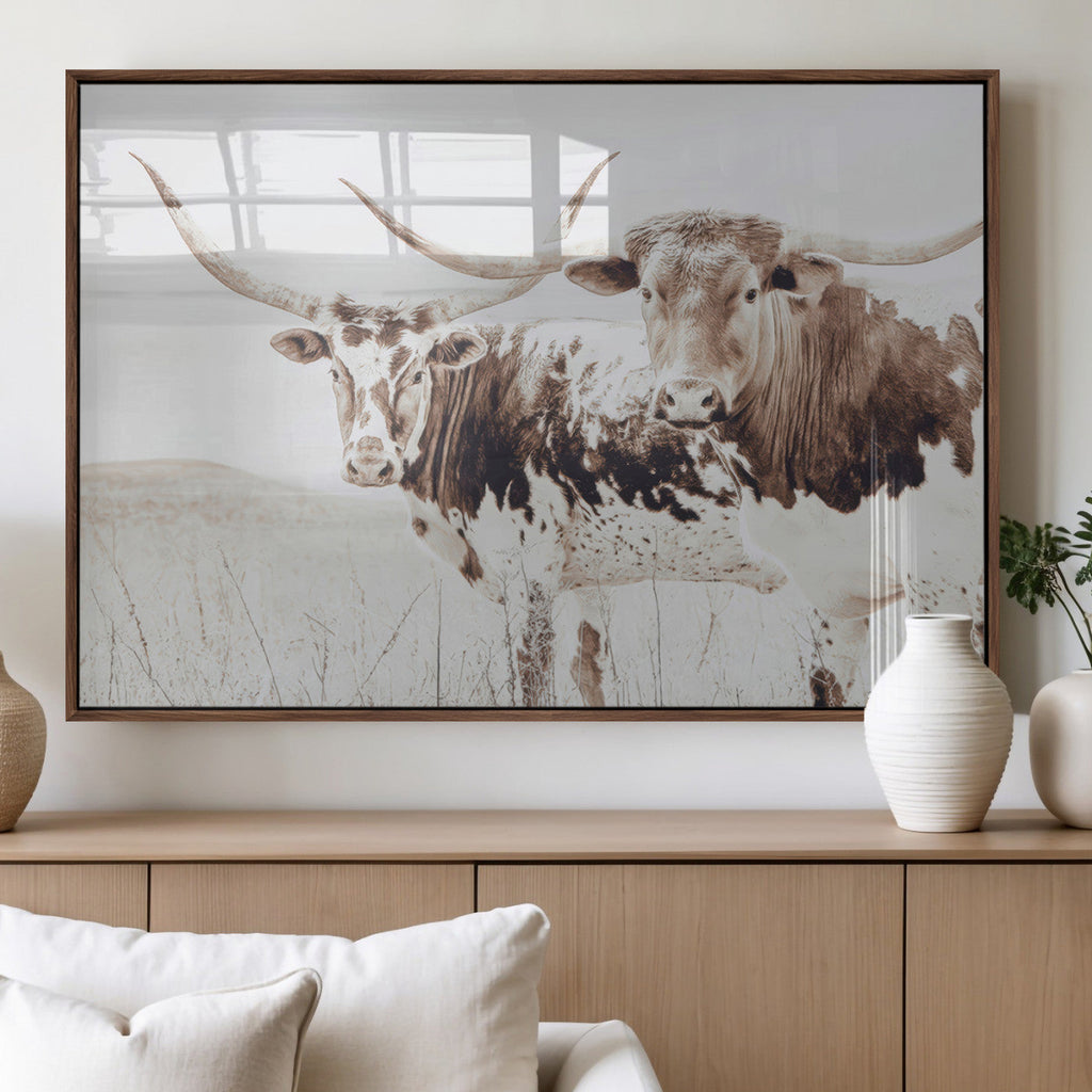 Longhorn Cow Wall Art Canvas Print, Framed Rustic Cattle Art, Sepia Western Decor