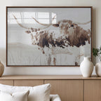 Longhorn Cow Wall Art Canvas Print, Framed Rustic Cattle Art, Sepia Western Decor