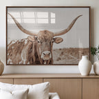 Longhorn Bull Wall Art Canvas Print, Framed Rustic Cow Decor, Neutral Farmhouse Style