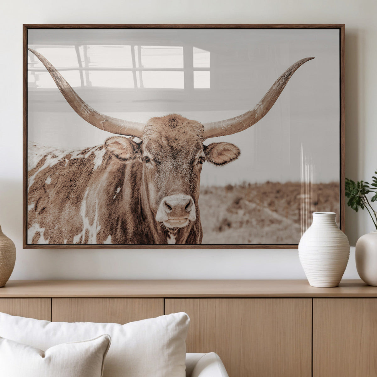 Longhorn Bull Wall Art Canvas Print, Framed Rustic Cow Decor, Neutral Farmhouse Style