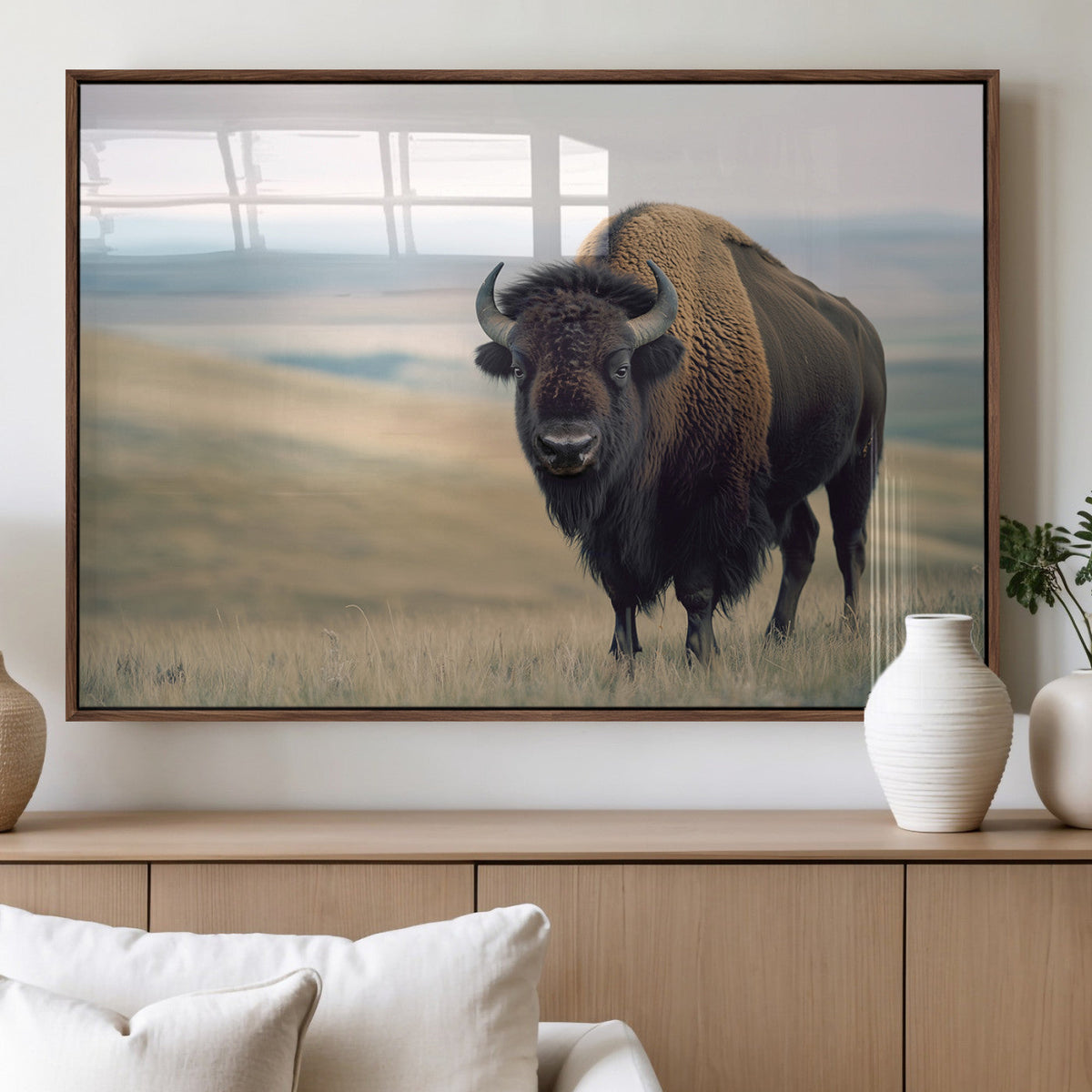 Bison Wall Art Canvas Print, Framed American Buffalo Rustic Western Artwork