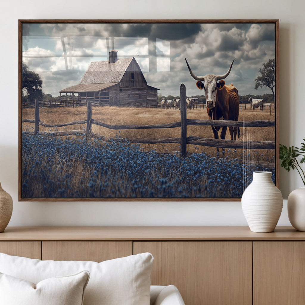 Texas Longhorn Wall Art Canvas Print, Framed Rustic Barn Art, Farmhouse Cow Decor