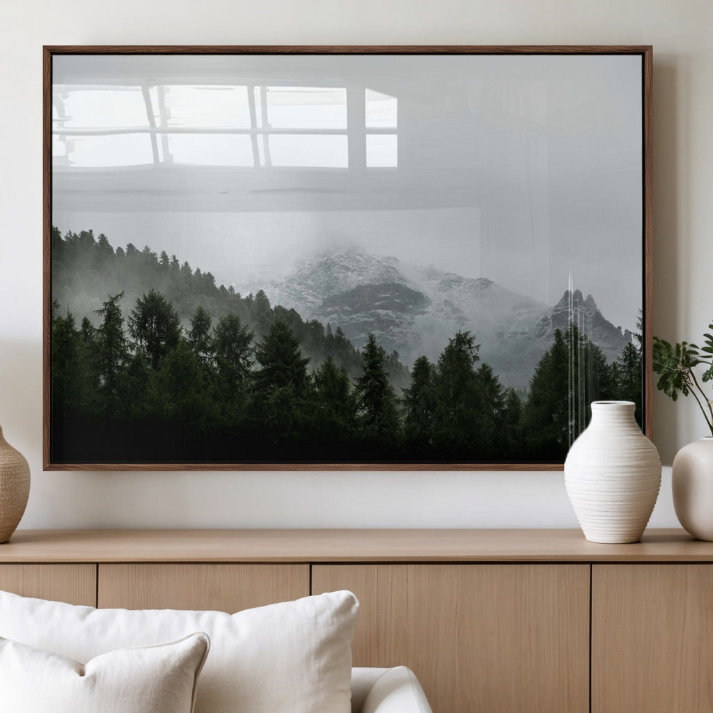 Misty Mountains Wall Art Canvas Print, Framed Foggy Forest Art, Snowy Peaks Landscape