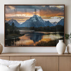 Mountain Sunset Wall Art Canvas Print, Framed Alpine Wilderness Art, Golden Hour Lake