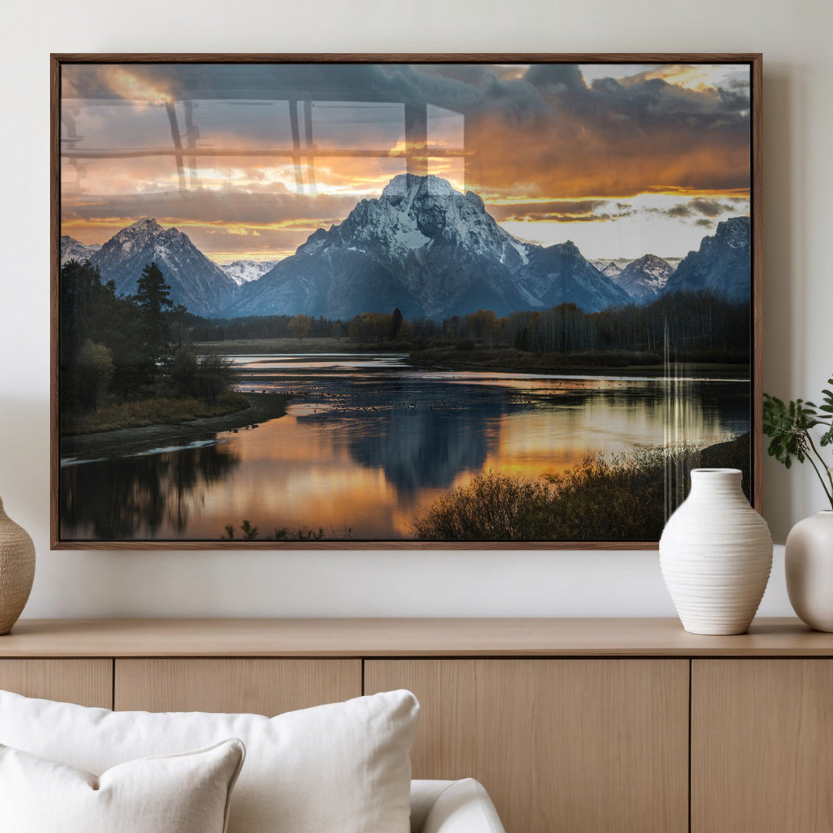 Mountain Sunset Wall Art Canvas Print, Framed Alpine Wilderness Art, Golden Hour Lake