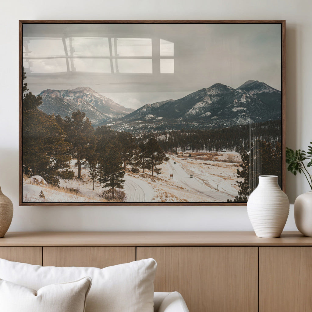 Mountain Landscape Wall Art Canvas Print, Framed Snowy Peaks Alpine Winter