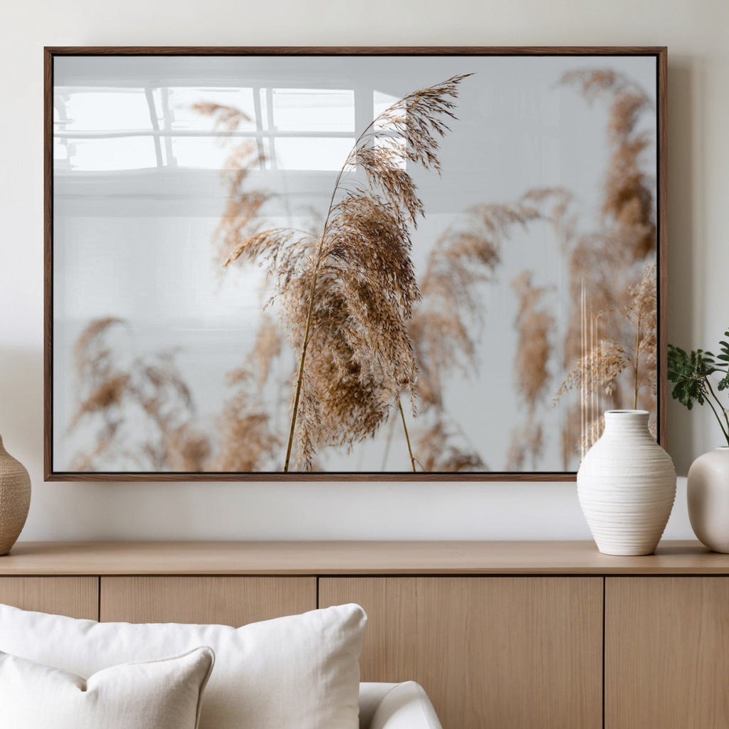 Pampas Grass Wall Art Canvas Print, Framed Neutral Tones Minimalist Boho