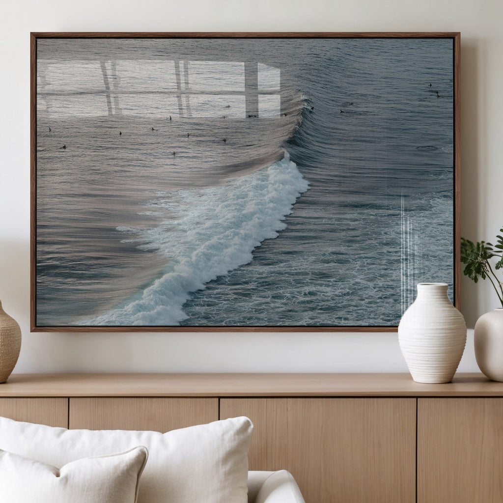 Ocean Waves Wall Art Canvas Print, Framed Coastal Serenity Surf Scene