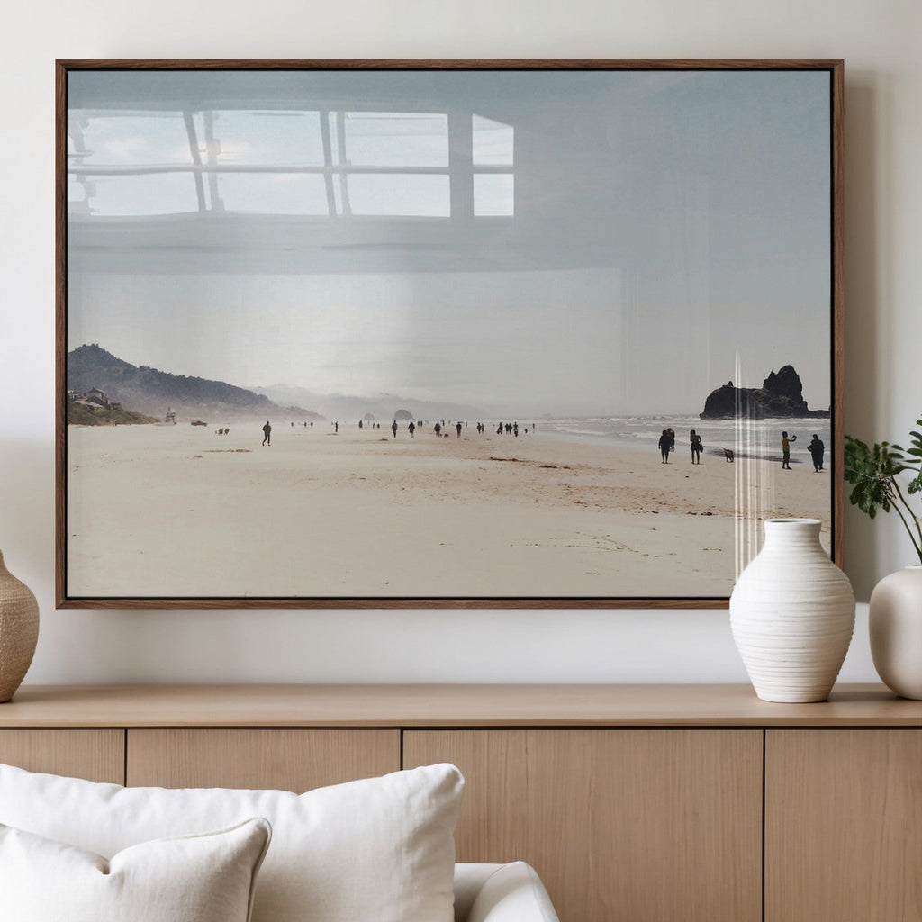 Minimalist Beach Wall Art Canvas Print, Framed Coastal Serenity Soft Sand