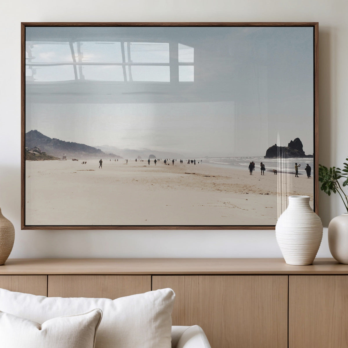 Minimalist Beach Wall Art Canvas Print, Framed Coastal Serenity Soft Sand