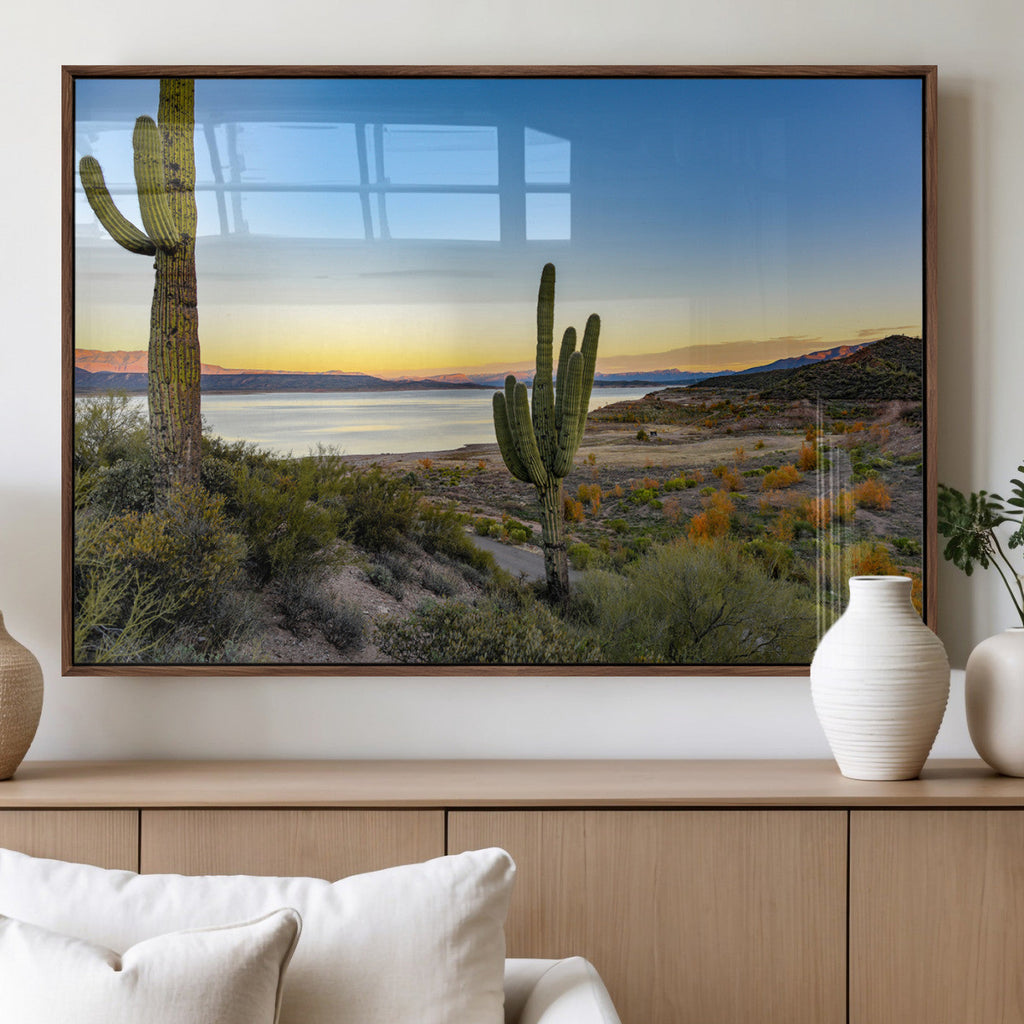 Saguaro Cactus Wall Art Canvas Print, Framed Desert Sunset Southwestern