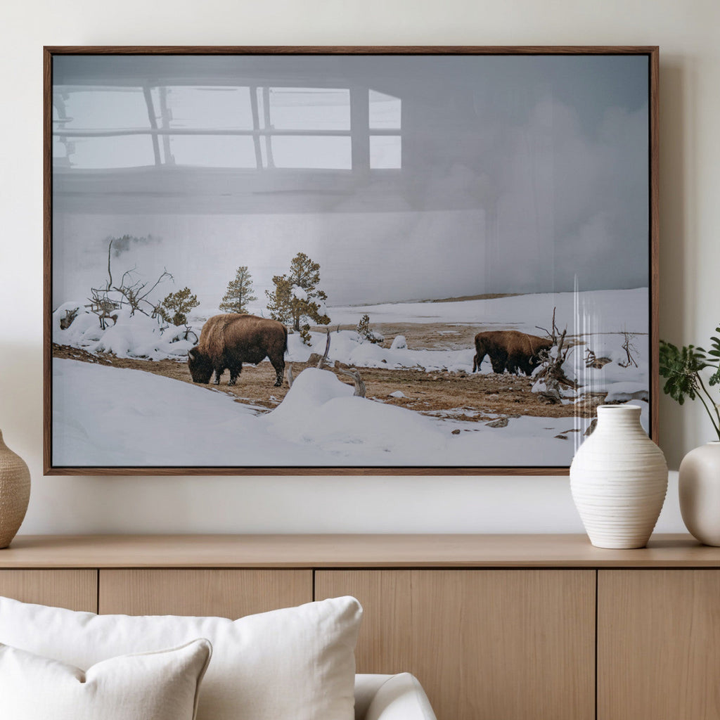 Bison Wildlife Wall Art Canvas Print, Framed Snowy Prairie Art, Western Landscape Decor