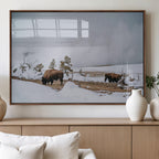 Bison Wildlife Wall Art Canvas Print, Framed Snowy Prairie Art, Western Landscape Decor