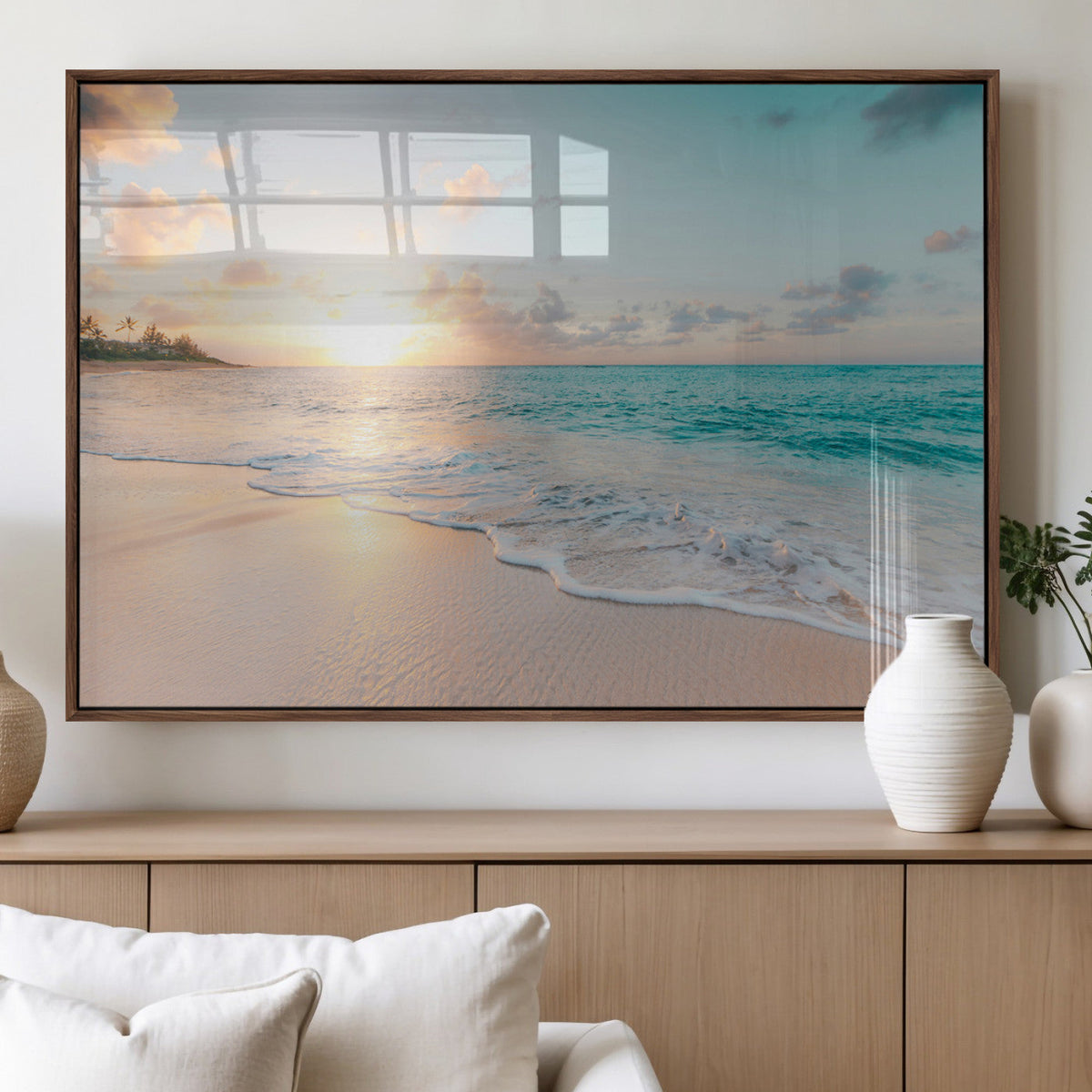 Beach Sunset Wall Art Canvas Print, Framed Ocean Waves Summer Escape