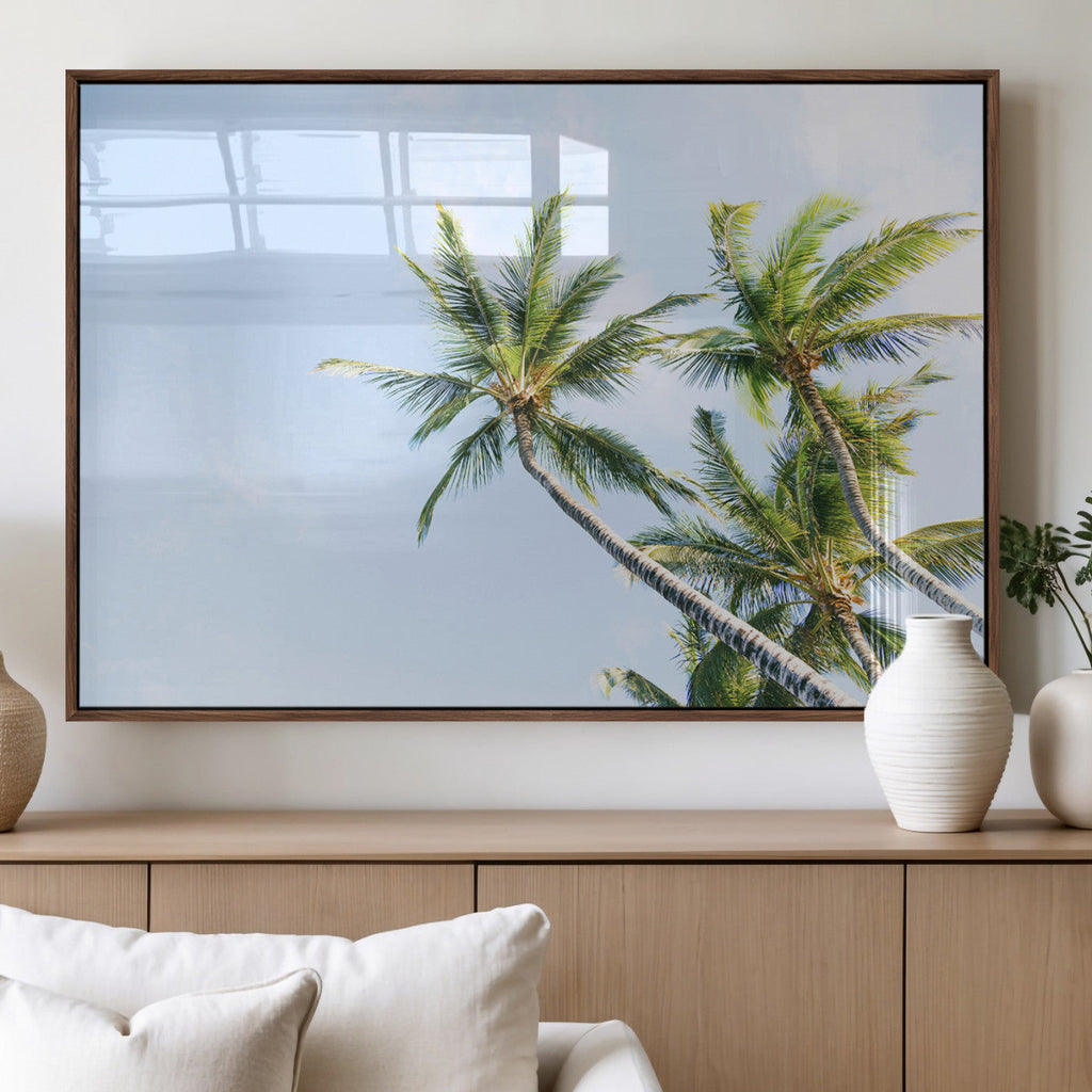 Palm Trees Wall Art Canvas Print, Framed Tropical Coastal Scene Under Blue Sky