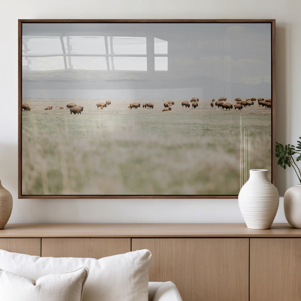 Bison Herd Wall Art Canvas Print, Framed Western Landscape with Bison in Grassland