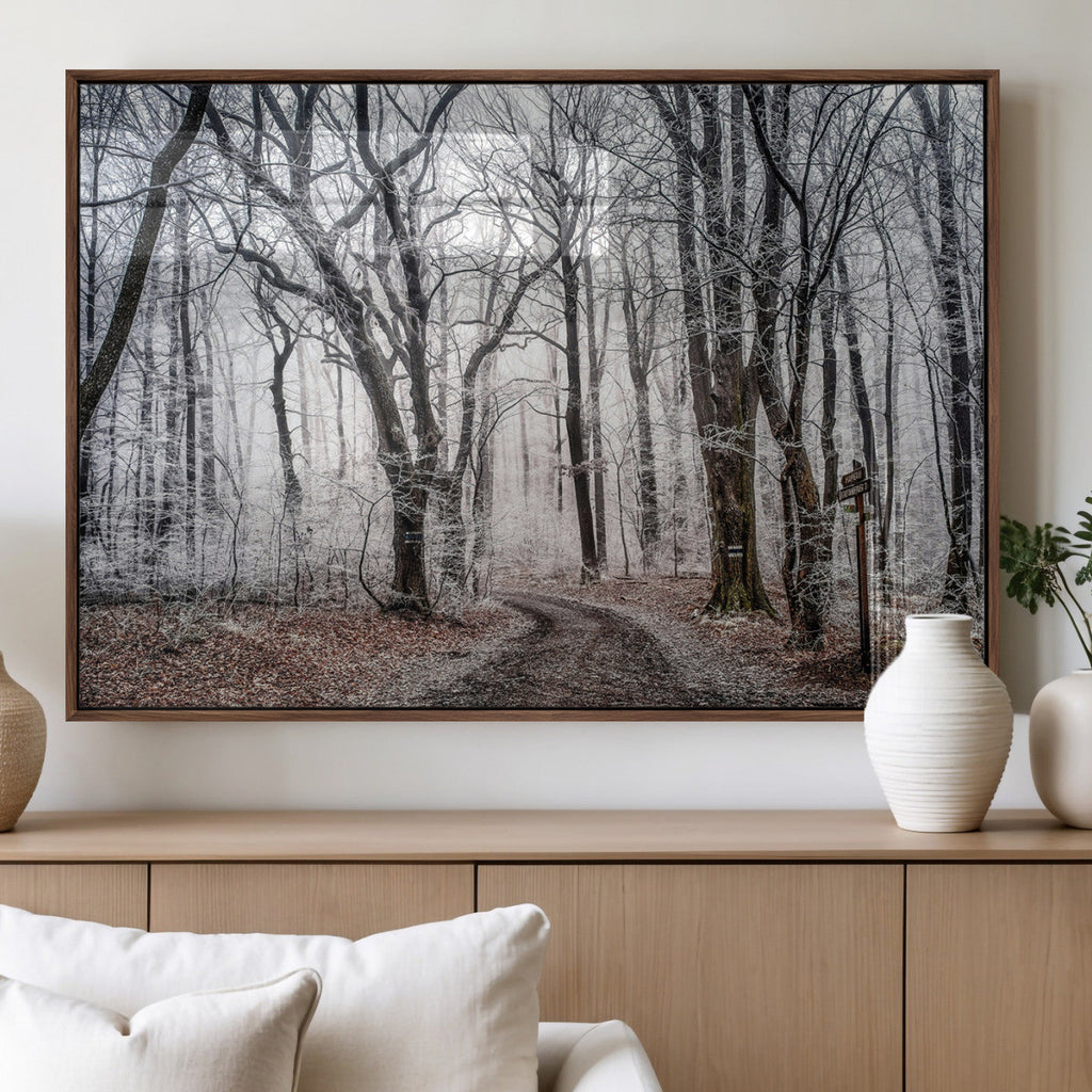 Winter Forest Wall Art Canvas Print, Framed Frosty Woodland with Misty Trees