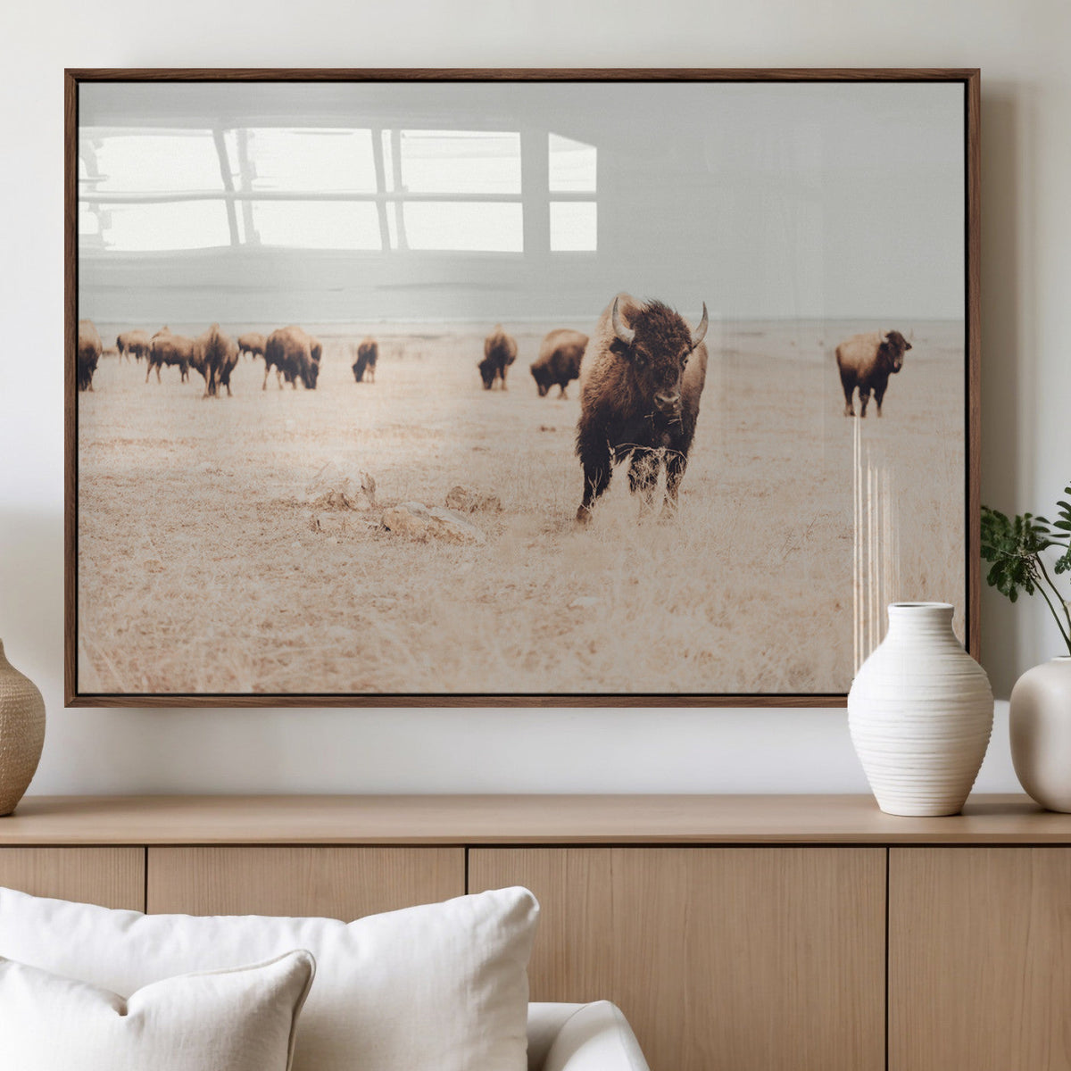 Bison Herd Wall Art Canvas Print, Framed Western Prairie Serenity