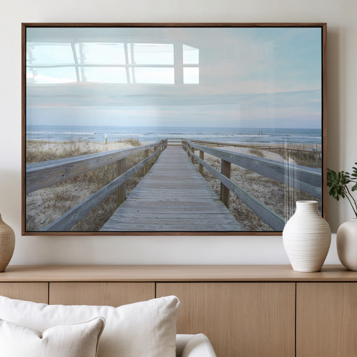 Beach Boardwalk Wall Art Canvas Print, Framed Coastal Serenity Ocean View