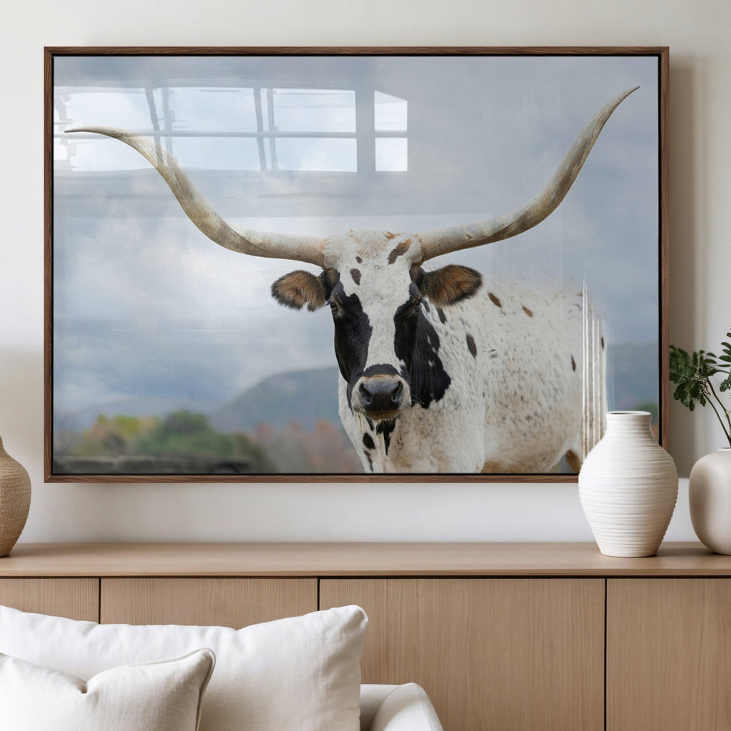 Texas Longhorn Wall Art Canvas Print, Framed Western Rustic Farmhouse