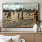 Texas Longhorns Wall Art Canvas Print, Framed Rustic Farm Scene Western Cattle