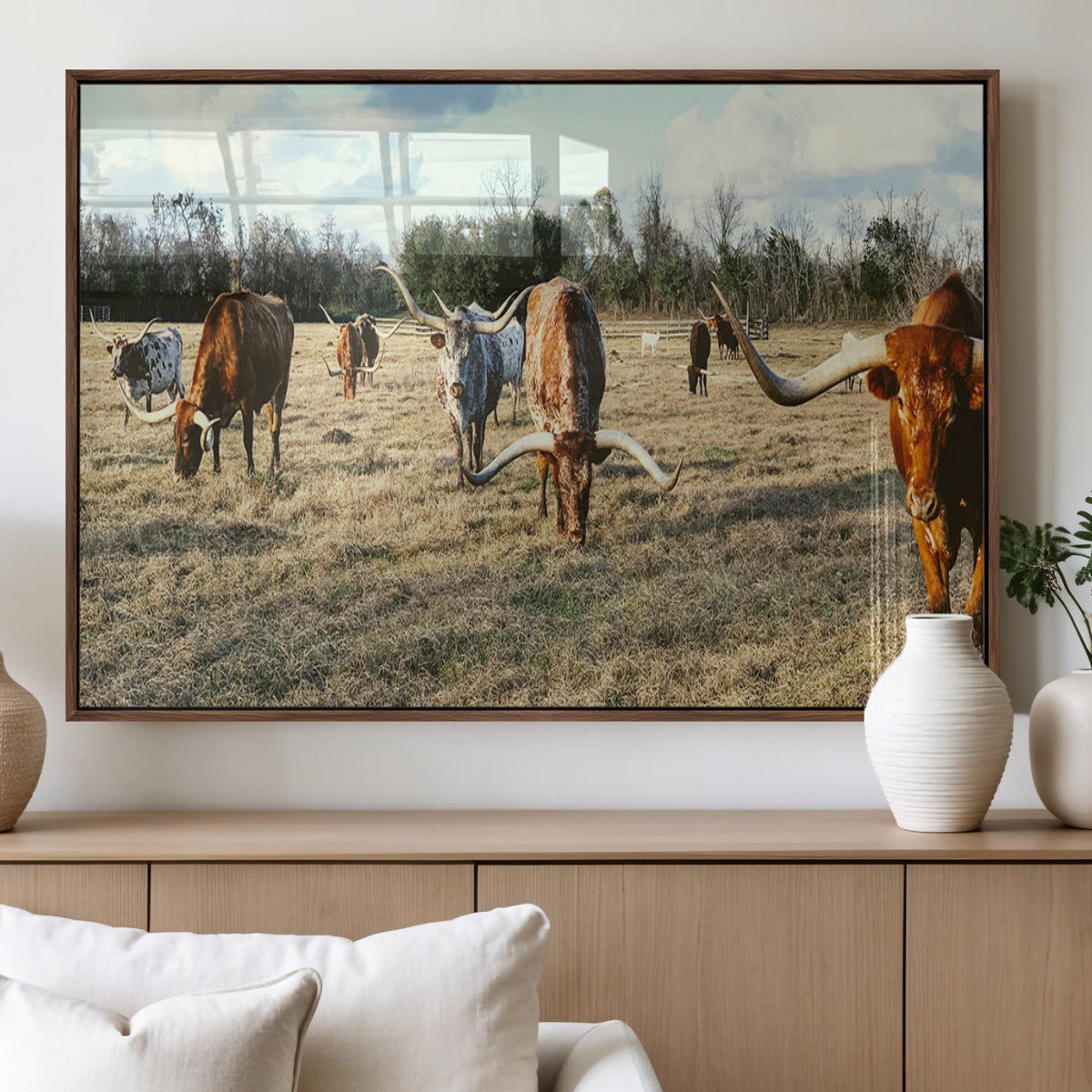 Texas Longhorns Wall Art Canvas Print, Framed Rustic Farm Scene Western Cattle