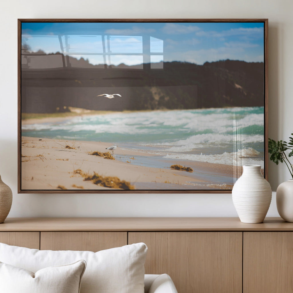 Tranquil Beach Wall Art Canvas Print, Framed Blue Ocean Waves on a Sandy Shore