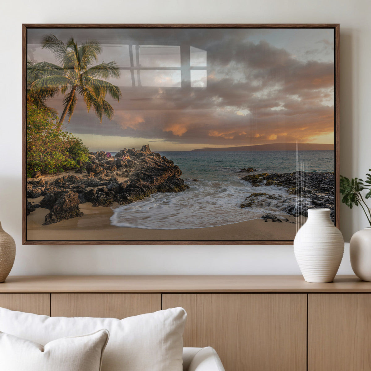 Tropical Beach Wall Art Canvas Print, Vibrant Hawaiian Sunset with Ocean Waves