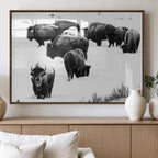 Buffalo Herd Wall Art Canvas Print, Framed Black and White Snowy Landscape