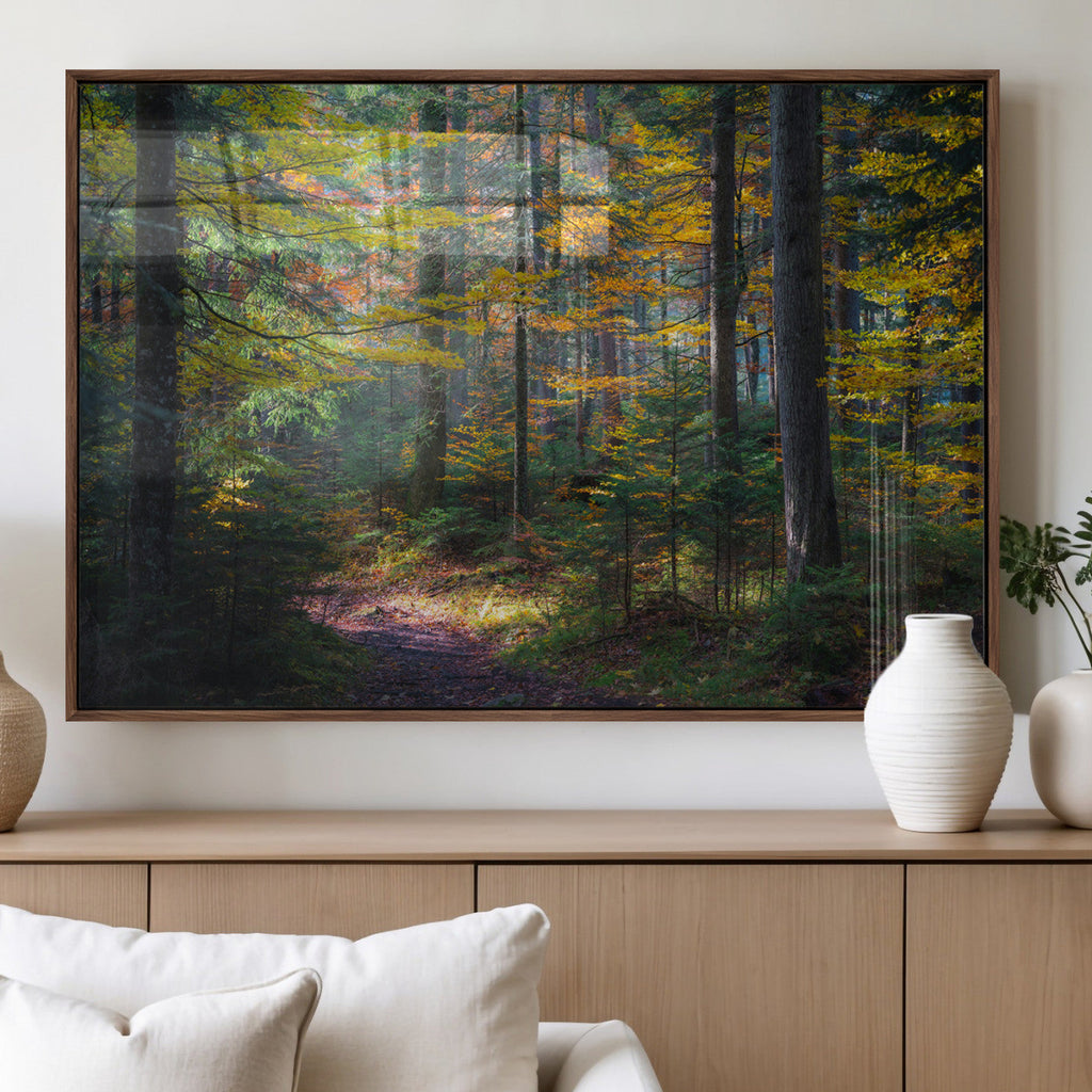 Autumn Forest Wall Art Canvas Print, Framed Fall Woodland with Golden Leaves