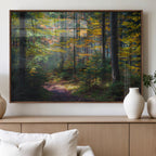 Autumn Forest Wall Art Canvas Print, Framed Fall Woodland with Golden Leaves