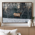 Wild Elk Wall Art Canvas Print, Framed Winter Wildlife in a Snowy Forest