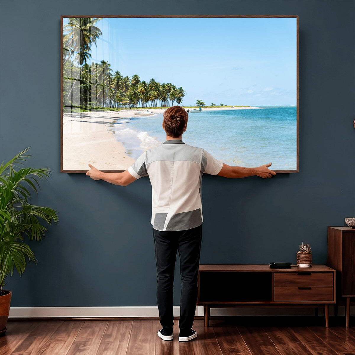 Palm Tree Coast Wall Art Canvas Print, Framed Island Getaway with Crystal Blue Water