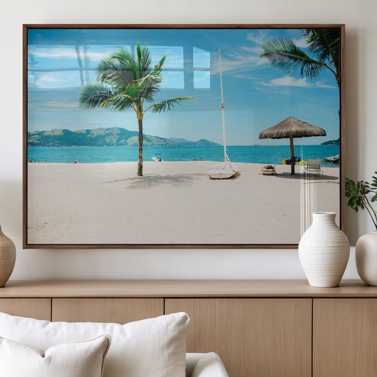 Tropical Beach Wall Art Canvas Print, Framed Palm Tree Ocean View with Calm Waves
