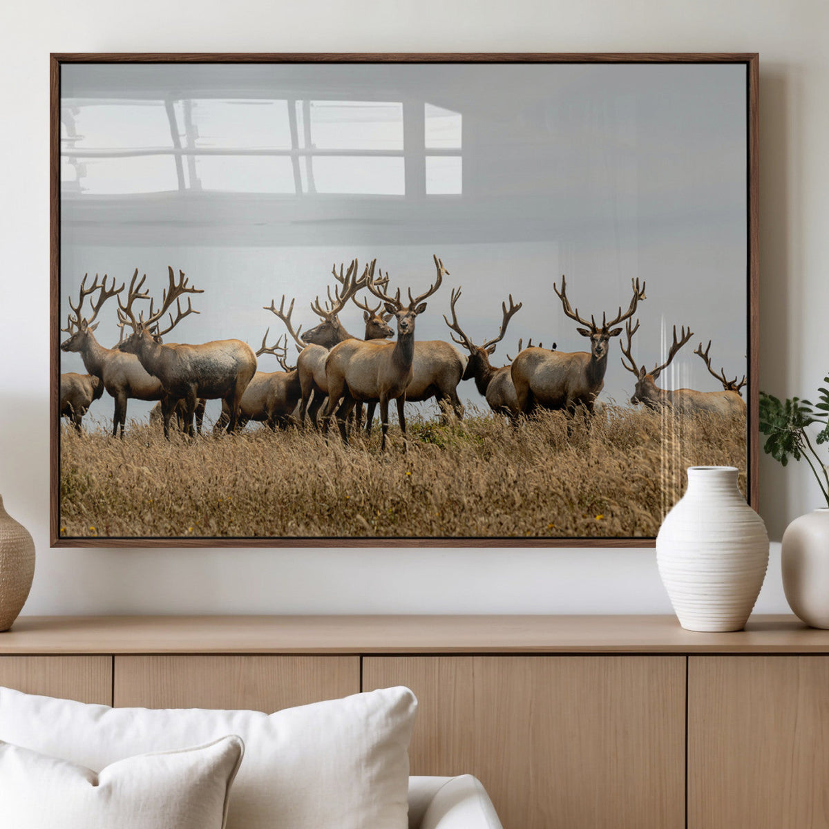 Elk Herd Wall Art Canvas Print, Framed Wildlife Photography Art, Majestic Antlers Rustic Wildlife Decor