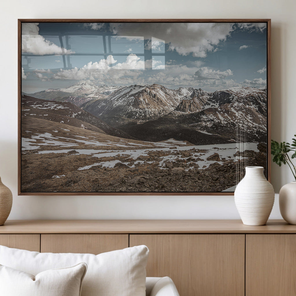 Mountain Landscape Wall Art Canvas Print, Framed Snowy Peaks Art, Rugged Highlands Rustic Adventure Decor