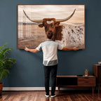 Texas Longhorn Cow Canvas Wall Art, Majestic Bull on a Rustic Western Farm