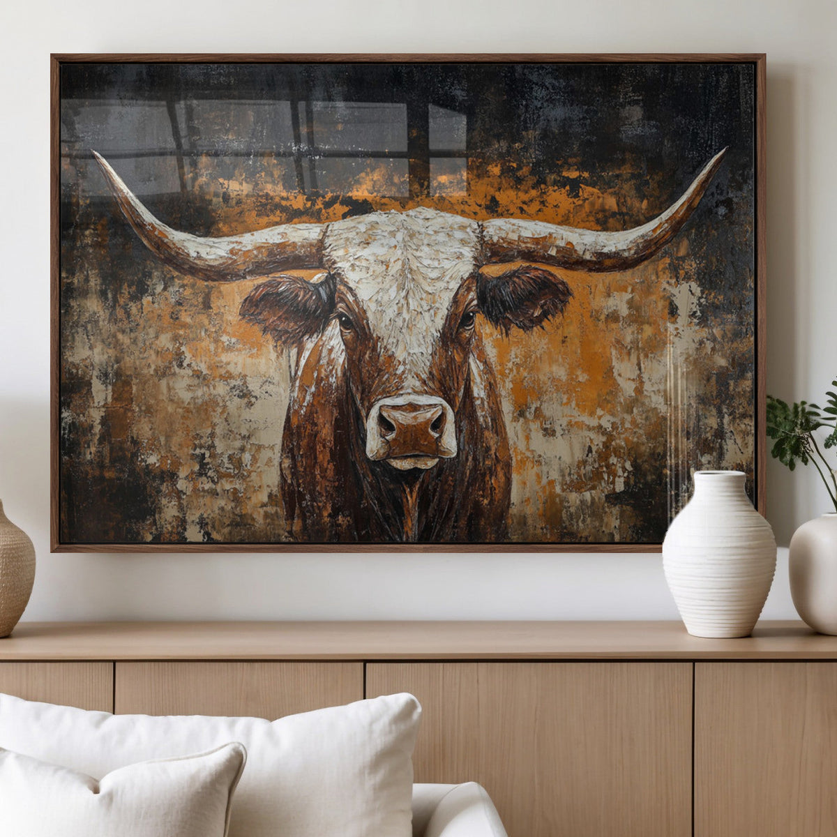 Abstract Longhorn Bull Wall Art Canvas Print, Vintage Western Texas Steer Artwork