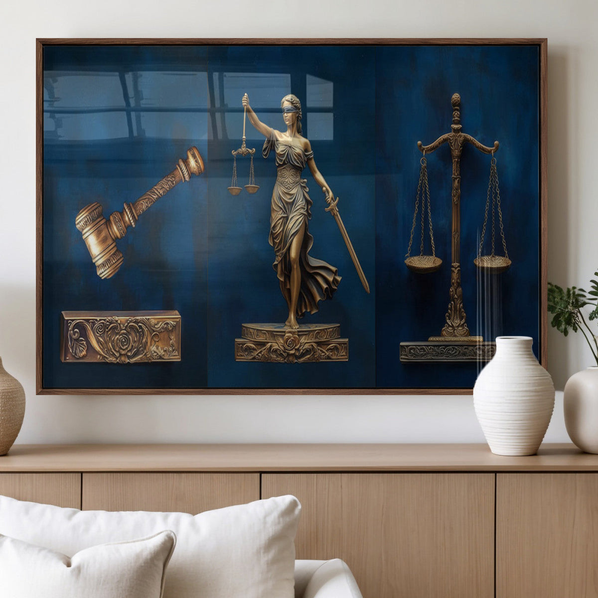 Lady Justice Wall Art Canvas Print, Elegant Gold Legal Symbols on Blue, Law Office Decor