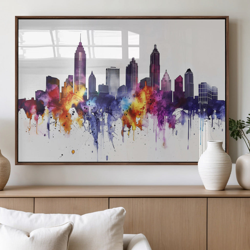 Atlanta Skyline Wall Art Canvas Print, Framed Colorful Watercolor Cityscape