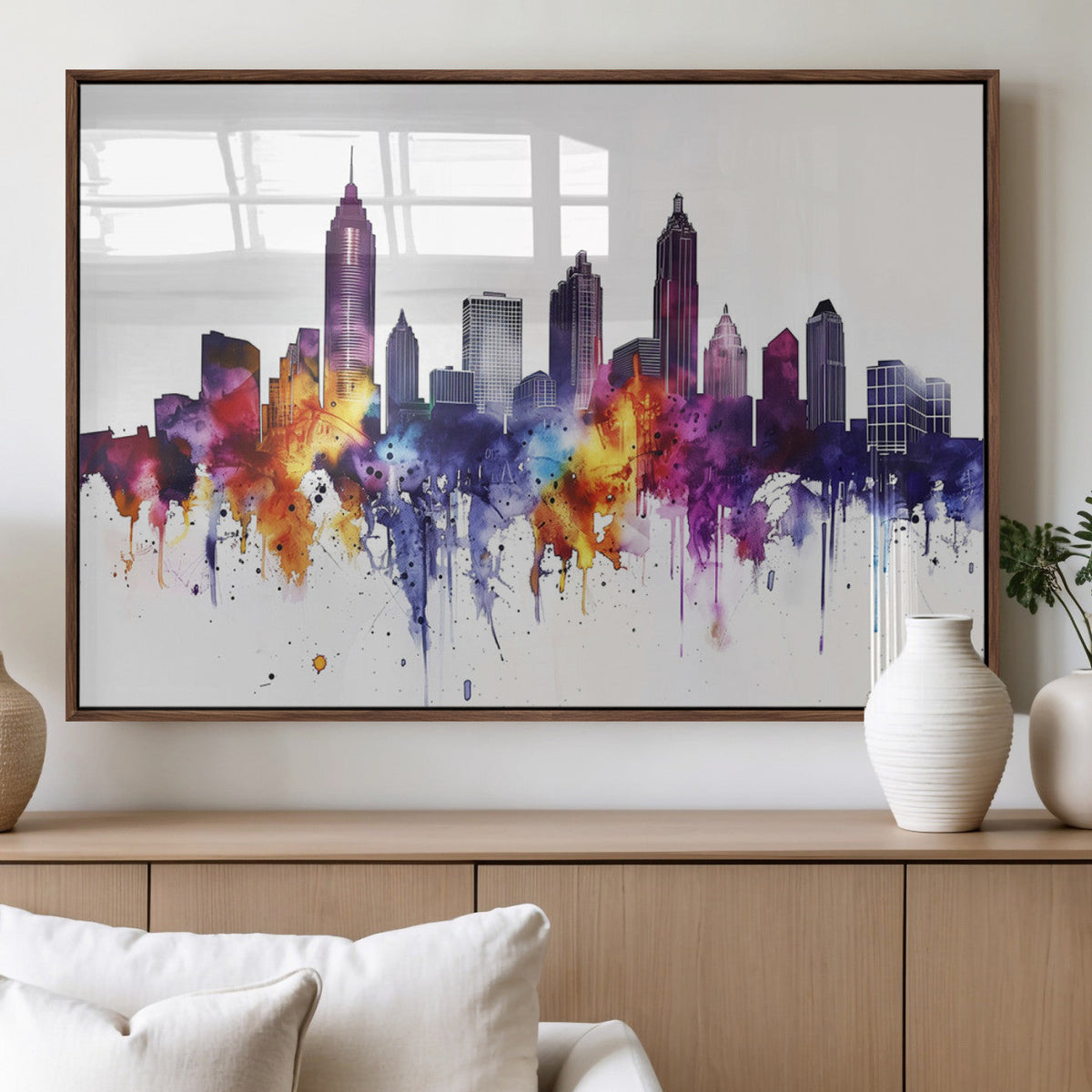 Atlanta Skyline Wall Art Canvas Print, Framed Colorful Watercolor Cityscape