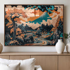 Japanese Landscape Wall Art Canvas Print, Mount Fuji with Flowing River and Autumn Trees