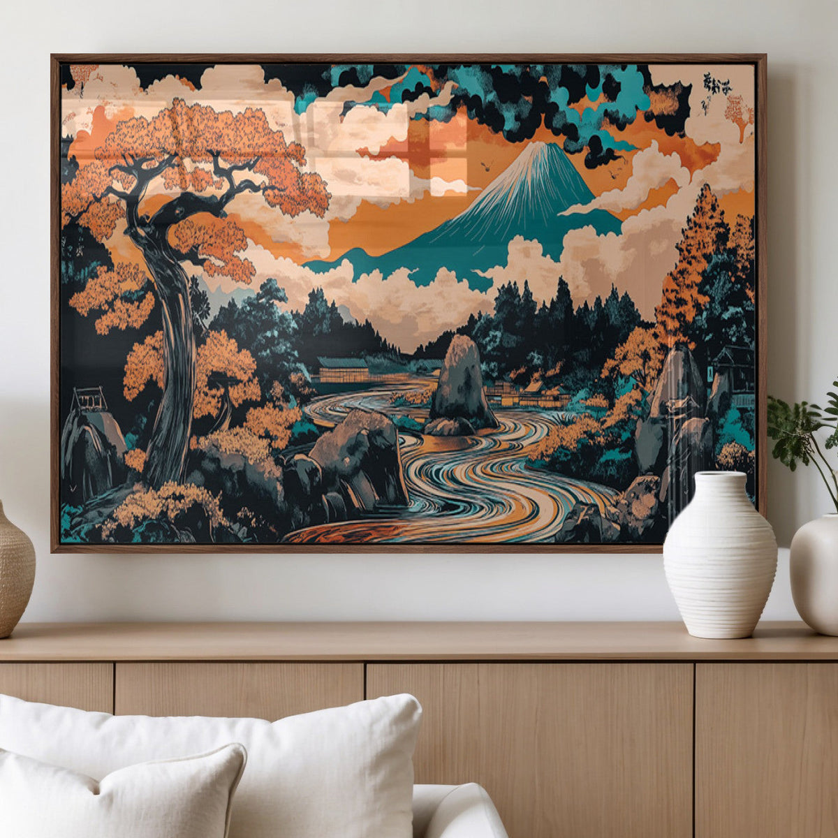 Japanese Landscape Wall Art Canvas Print, Mount Fuji with Flowing River and Autumn Trees