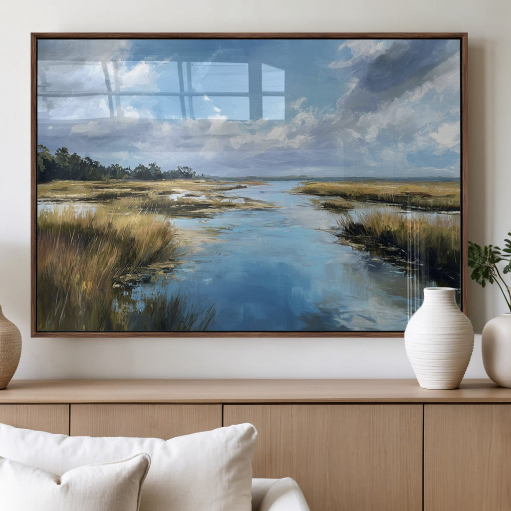 Marshland Wall Art Canvas Print, Serene Water Reflection with Blue Sky and Golden Grass